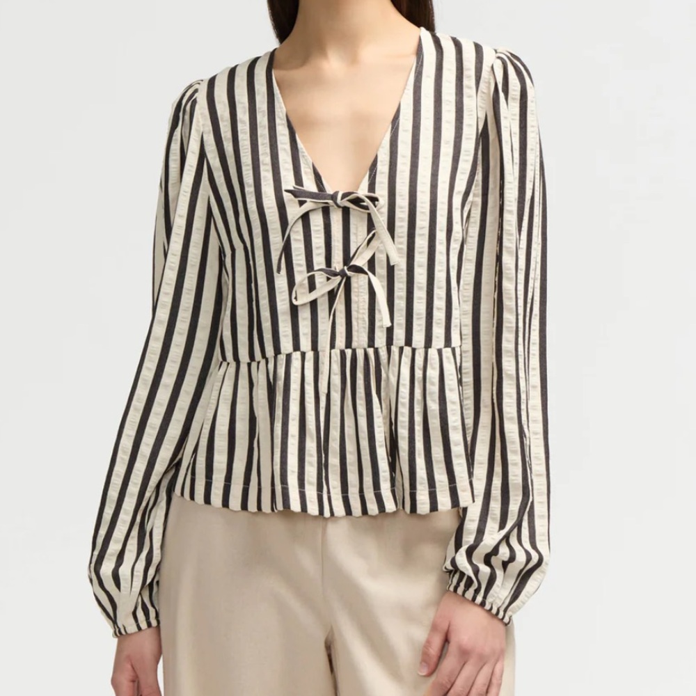 NVLT Black and White Striped Lace-Up Blouse‎ Peplum Top two bows size S